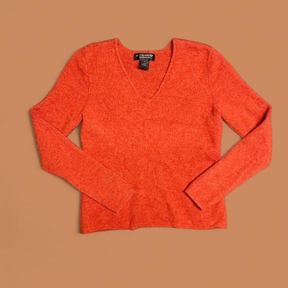 Vintage A. Giannetti V Neck Sweater L Rust Orange Merino Wool Knit Top
